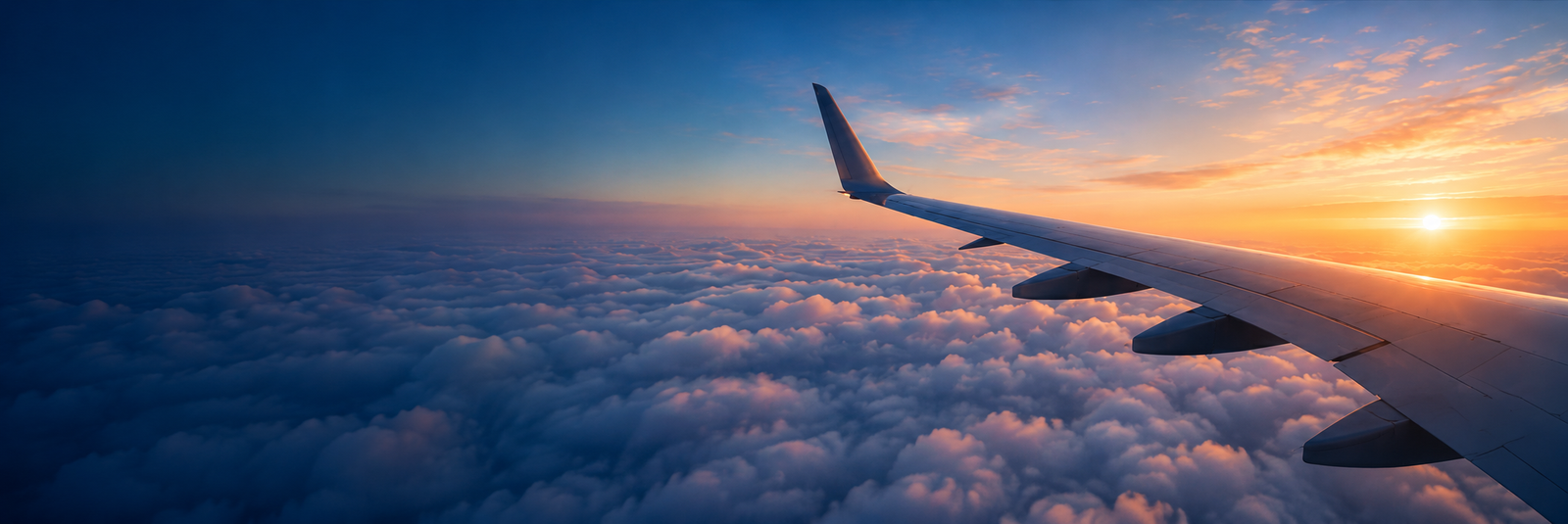 Airplane wing above the clouds at sunset
